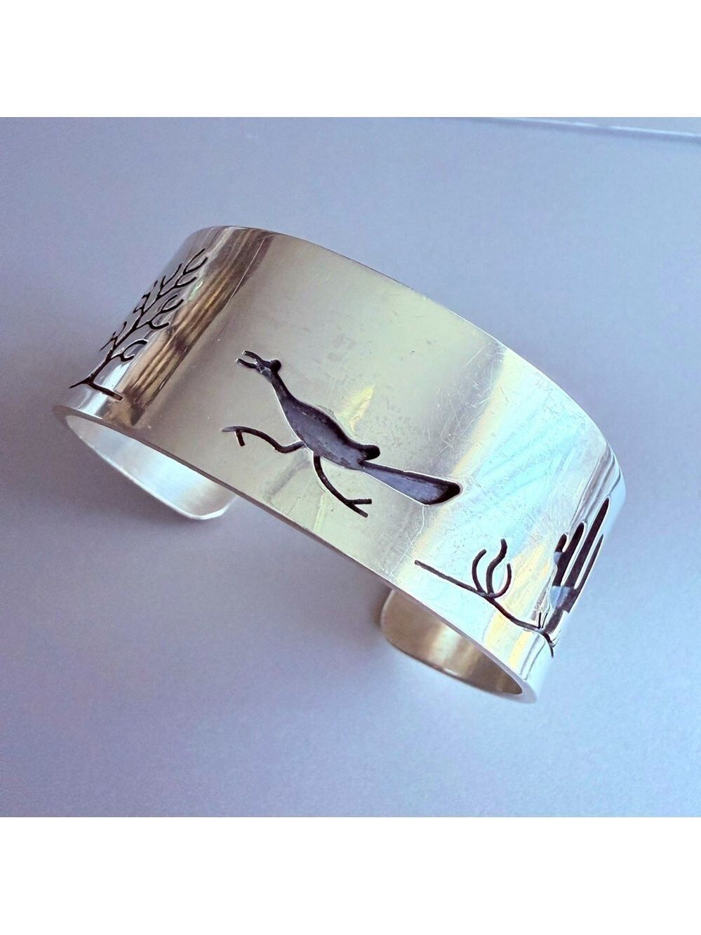 Navajo/ Zuni Road Runner Cactus Desert Petroglyph Cuff Bracelet, Sterlin…